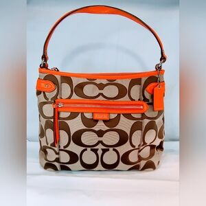 COACH Vintage Daisy Signature "C" Hobo Shoulder Bag in Khaki & Coral, F24062